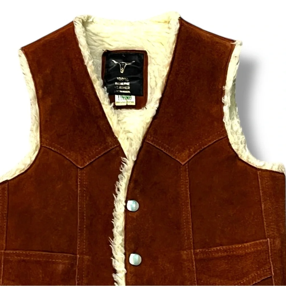 KIDS Suede Western Vest Faux Shearling Snaps Pockets Rodeo Cowboy Unisex Large